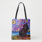 Tote Bag Nuit étoilée de chat noir (Devant)