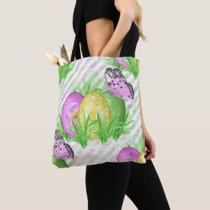 Tote Bag OEufs de Pâques roses violets verts & PAPILLONS