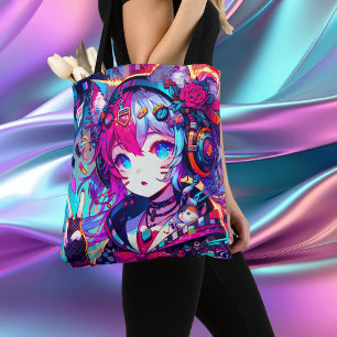 Tote Bag Oeuvre colorée Glitchcore Anime Girl