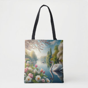 Tote Bag OEuvre d'art printanière du lac des cygnes floraux