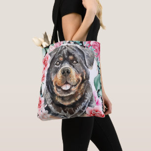 Tote Bag OEuvre d'rose à couronne d'aquarelle Rottweiler