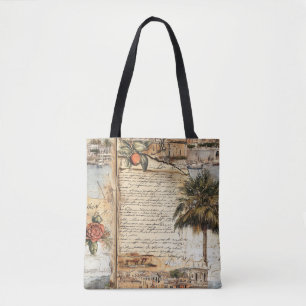 Tote Bag Oeuvre méditerranéenne vintage avec Palm et Script