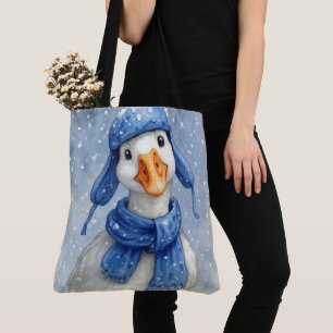 Tote Bag Oie blanche d'hiver avec écharpe bleue