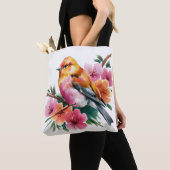 Tote Bag Oiseau à Fleur Rose (De près)