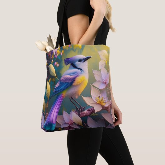 Tote Bag Oiseau à poitrine jaune violet (De près)