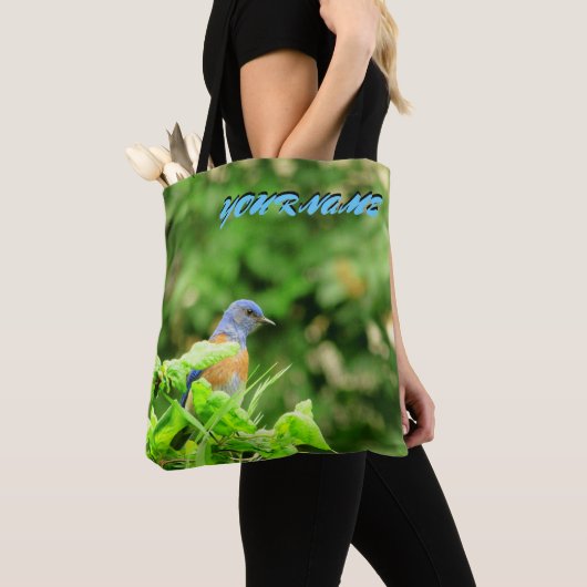 Tote Bag Oiseau bleu et votre nom (De près)