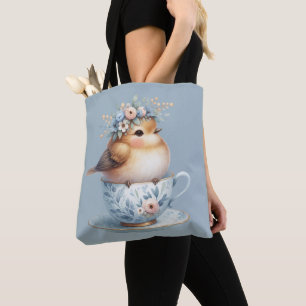Tote Bag Oiseau bleu mignon avec couronne florale en Teacup