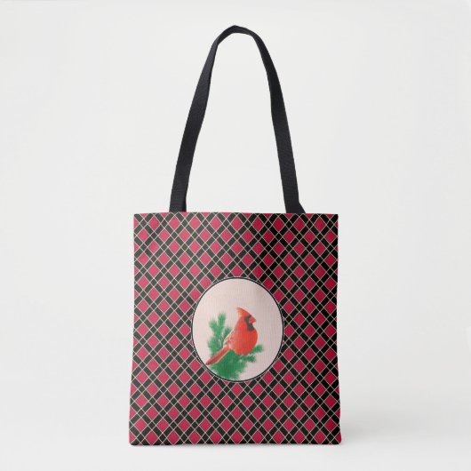 Tote Bag Oiseau cardinal sur à damiers noir et rouge (Devant)