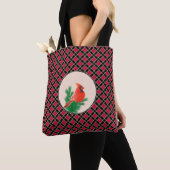 Tote Bag Oiseau cardinal sur à damiers noir et rouge (De près)