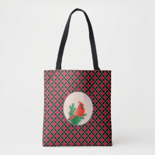 Tote Bag Oiseau cardinal sur carreaux noirs et rouges
