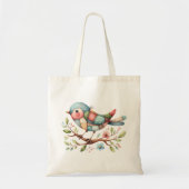 Tote Bag Oiseau chanteur patchwork sur branche fleurie (Devant)