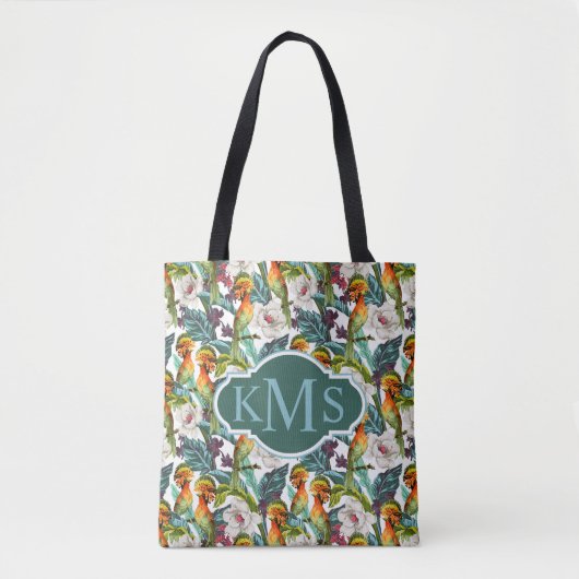 Tote Bag Oiseau et monogramme exotique du motif de fleur | (Devant)