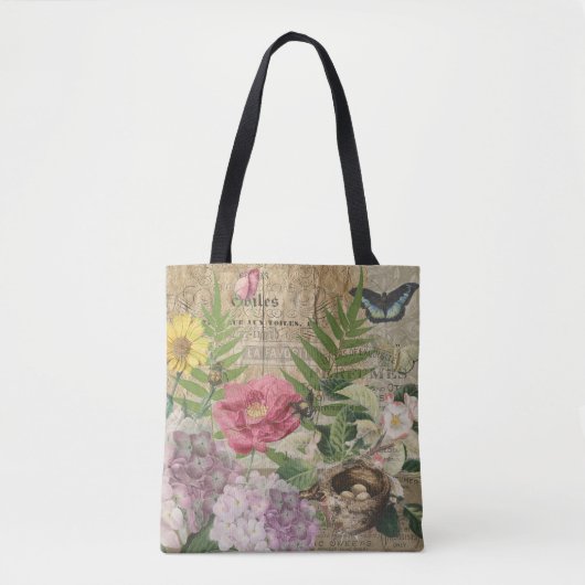 Tote Bag Oiseau Nid Floral Jardin Fleur Papillon Art (Devant)