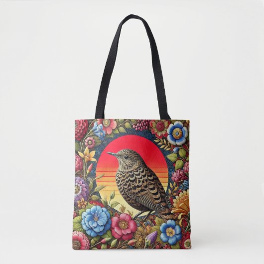 Tote Bag Oiseau parmi des fleurs colorées (Devant)