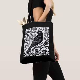Tote Bag Oiseau sur une branche avec Fleurs en noir et blan