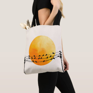 Tote Bag Oiseaux au coucher du soleil sur les fils Art mini