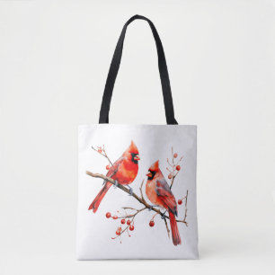 Tote Bag Oiseaux cardinaux rouges sur la branche de l'Holly