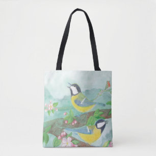 Tote Bag Oiseaux chantant sur une branche d'arbre en fleurs