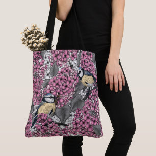 Tote Bag Oiseaux dans le jardin lilas rose