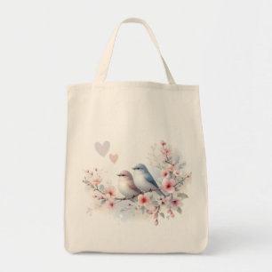 Tote Bag Oiseaux de l'amour romantique Branche de fleurs de