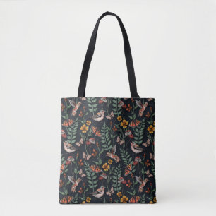 Tote Bag Oiseaux du jardin foncé et papillons