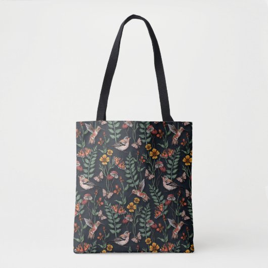 Tote Bag Oiseaux du jardin foncé et papillons (Devant)