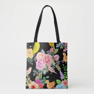 Tote Bag Oiseaux et fleurs colorés et vibrants sur fond noi