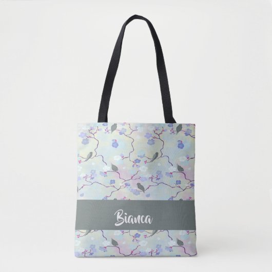 Tote Bag Oiseaux gris avec fleurs (Devant)