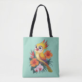 Tote Bag Oiseaux jaunes adorables avec fleurs (Devant)