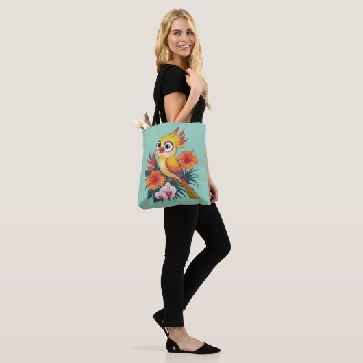 Tote Bag Oiseaux jaunes adorables avec fleurs (Sur le modèle)
