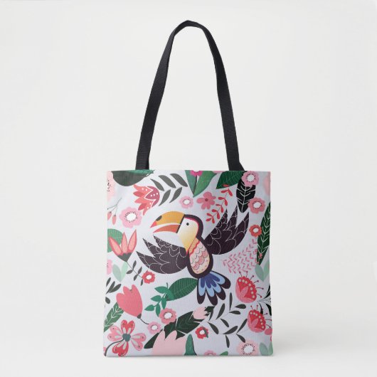 Tote Bag Oiseaux tropicaux, motif de gribouillis à fleurs. (Devant)
