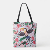 Tote Bag Oiseaux tropicaux, motif de gribouillis à fleurs. (Dos)