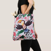 Tote Bag Oiseaux tropicaux, motif de gribouillis à fleurs. (De près)