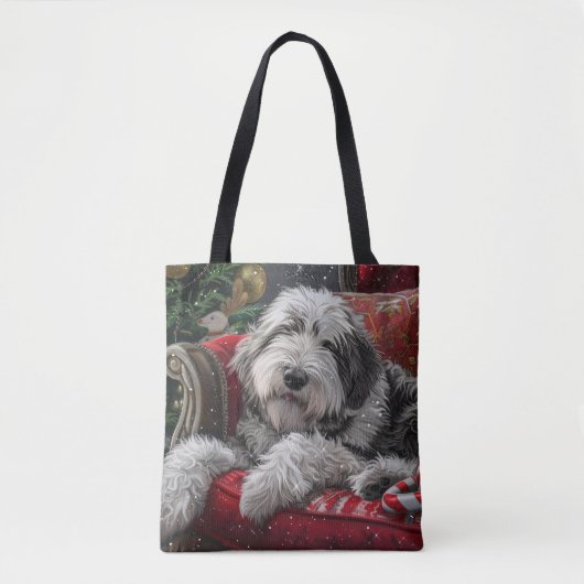 Tote Bag Old English Sheepdog Festive de Noël (Devant)