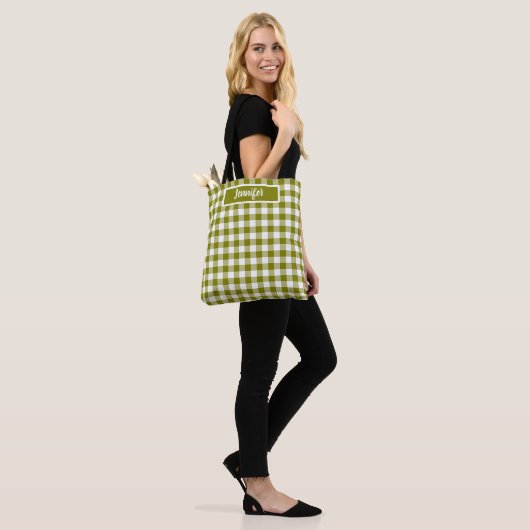 Tote Bag Olive Green Plaid Gingham Personalized (Sur le modèle)