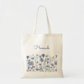 Tote Bag Ombre de Fleur sauvage d'aquarelle bleu monogramme (Devant)