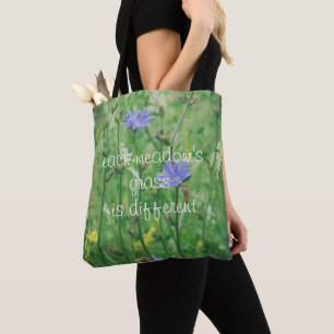 Tote Bag Ombre d'été verte avec fleurs bleues