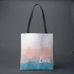 Tote Bag Ombre rose et bleu amour dégradant<br><div class="desc">Un motif gracieux dégradé d'ombre dans un chic bleu mosaïque et rose corail. Personnalisez cette subtile aquarelle design en ajoutant vos propres mots au modèle de texte,  ou gardez le mot sentimental : Amour.</div>