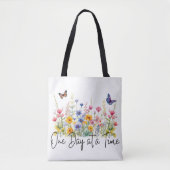 Tote Bag One Day at a Time Inspirational Quote Wildflowers (Devant)