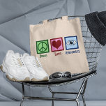 Tote Bag Optométriste Peace Love Bureau d'optométrie<br><div class="desc">Un joli cadeau de Noël optométriste avec un signe de paix,  un coeur et un oeil bleu pour un médecin de vision et de vue. Peace Love Optometry présent.</div>