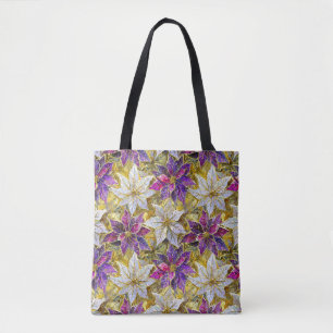 Tote Bag Or Blanc Rose Violet Noël Poinsettias