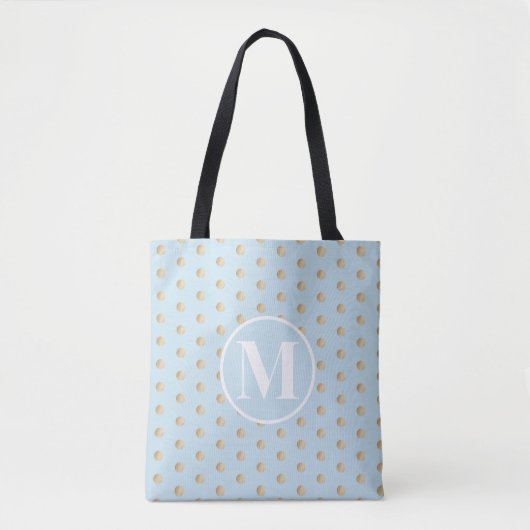 Tote Bag Or bleu doux pois blancs monogramme (Devant)