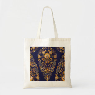Tote Bag Or et bleu, motif sans couture fleurie.