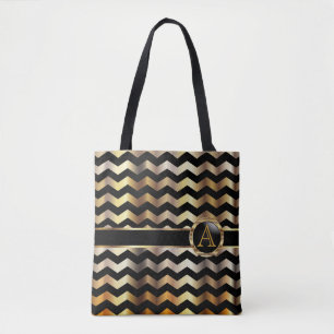 Tote Bag Or et conception noire de monogramme de Chevron
