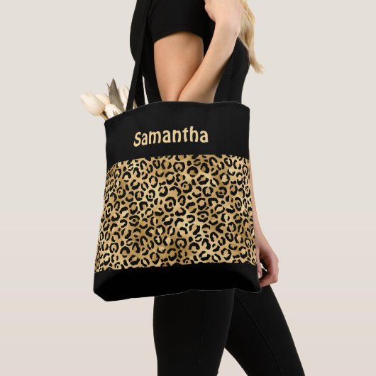 Tote Bag Or Imprimé Léopard Noir Monogram Gold Animal (De près)