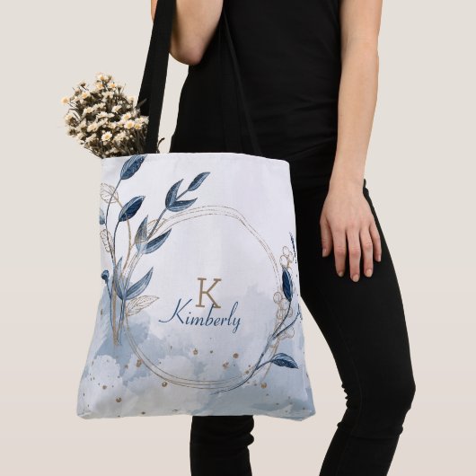 Tote Bag Or Moderne Floral Initial Nom Monogramme (De près)