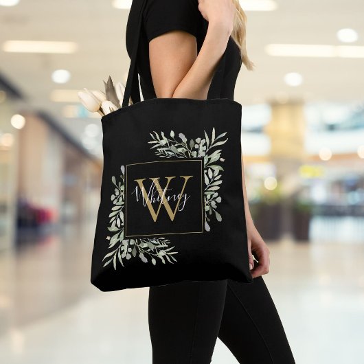 Tote Bag Or Monogramme Floral de Verdure Noir