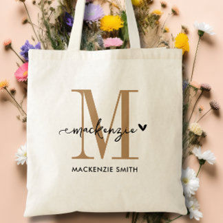 Tote Bag Or Noir Monogramme Initiale Script Nom Cœur