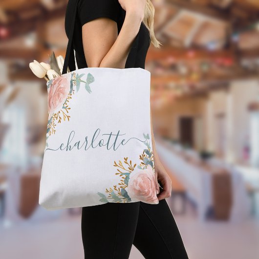 Tote Bag Or rose gold florale eucalyptus monogramme demoise