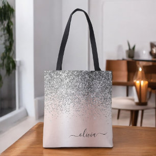 Tote Bag Or rose - Paillettes Rose Blush Argent Monogramme
